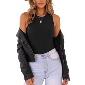 MISSJOY Women's Basic Sleeveless Racer Back Halter Neck Ribbed Bodysuit Tank Tops (Medium, 1-black)