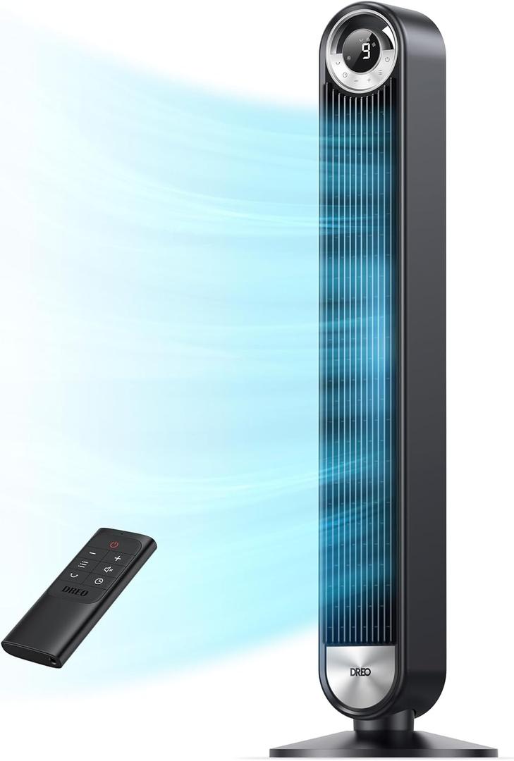 DREO Tower Fan for Bedroom, Upgraded DC 9 Speeds 20dB Ultra-Quiet Floor Fan, 90 Oscillating Fans with 28ft/s Velocity, 12H Timer, Standing Fan, Bladeless Fan Powerful for Home Office Room