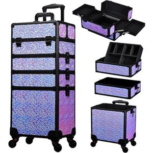 Stagiant Rolling Makeup Case Cosmetology Case on Wheels 4 in 1 Makeup Travel Case Extra Large Cosmetic Box with Key Make Up Artist Traveling Storage Nail Case Salon Barber Cart Trunk Shiny Purple