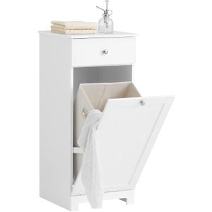 SoBuy Slim Tilt-Out Laundry Hamper Cabinet, Small Pull-Out Bathroom Storage Unit with Shelf & Drawer, Narrow Hidden Basket Chest Bath Cupboard, White BZR21-W, 15"D x 15.7"W x 35.4"H