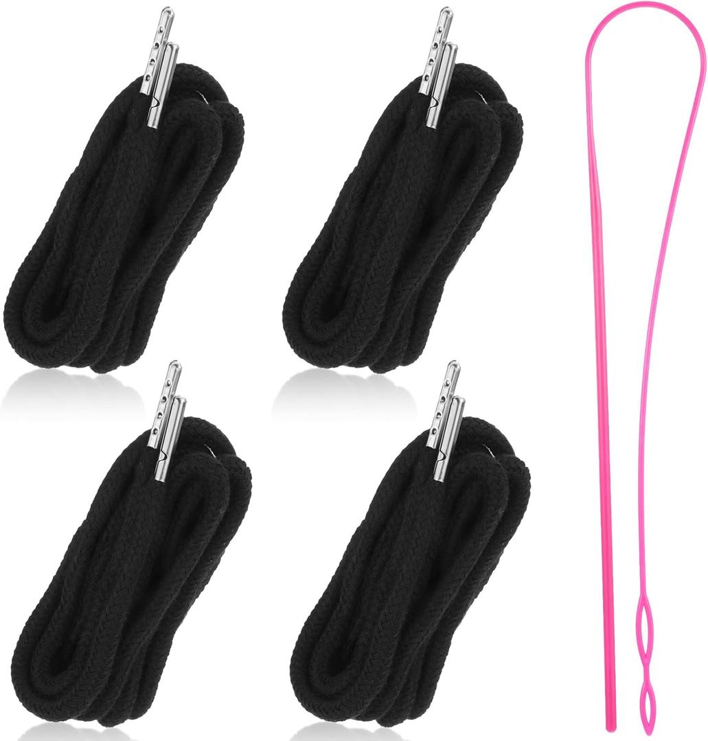 4 Pcs Drawstring Cords, 51 Inch Drawstring Cords Replacement, Hoodie Strings Draw String Lanyard String with Easy Threader Tool for Sweatpants, Shorts, Pants, Jackets, Clothes Rope, Hoodies (Black)