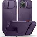 SURITCH for iPhone 15 Case with Magnetic Camera Slide Cover and Adjustable Kickstand, Compatible with MagSafe, Shockproof Bumper Case Slim Protective Cover 6.1 Inch, Dark Purple