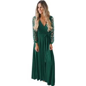 Kranda Womens Vintage Floral Lace Long Sleeve Faux Wrap V Neck Party Long Maxi Dress (Deep Green), XL