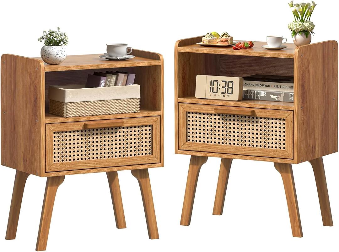 Lerliuo Rattan Nightstands Set of 2, Side Table with Drawer, Cane Accent Bedside End Table with Solid Wood Legs, Mid Century Modern Night Stand for Bedroom, Dorm and Small Spaces (Tea Brown)