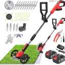 Cordless Weed Wacker Eater Battery Powered, 21V Lightweight Electric Weed Trimmer with 2 Battery Operated & Charger& Wheels & Shears, No-String Grass Trimmer/Brush Cutter/Lawn Edger for Yard Garden