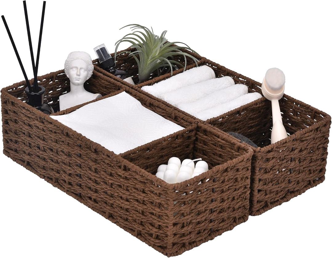 StorageWorks 3-Section Wicker Baskets for Shelves, Hand-Woven Round Paper Rope Storage Baskets, Walnut, 2-Pack