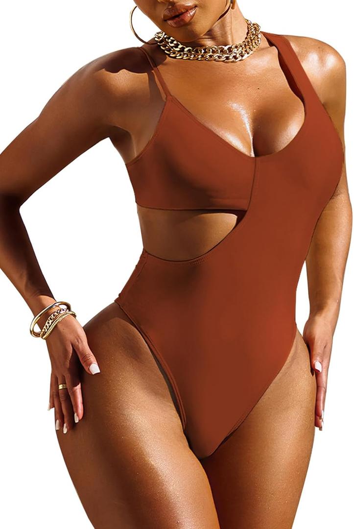 Pink Queen Women's Sexy One Piece Swimsuit Scoop Neck Cutout Waist Tummy Control Bathing Suit Swimwear (Burnt Orange) S