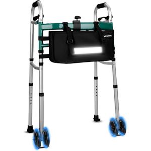 Folding Dual-Wheel Walker for Seniors with Motion Sensor Night Light & Storage Bag, Lightweight Adjustable Aluminum Walker for Elderly and Disabled, Compact Design for Small Spaces, Supports 350 lbs