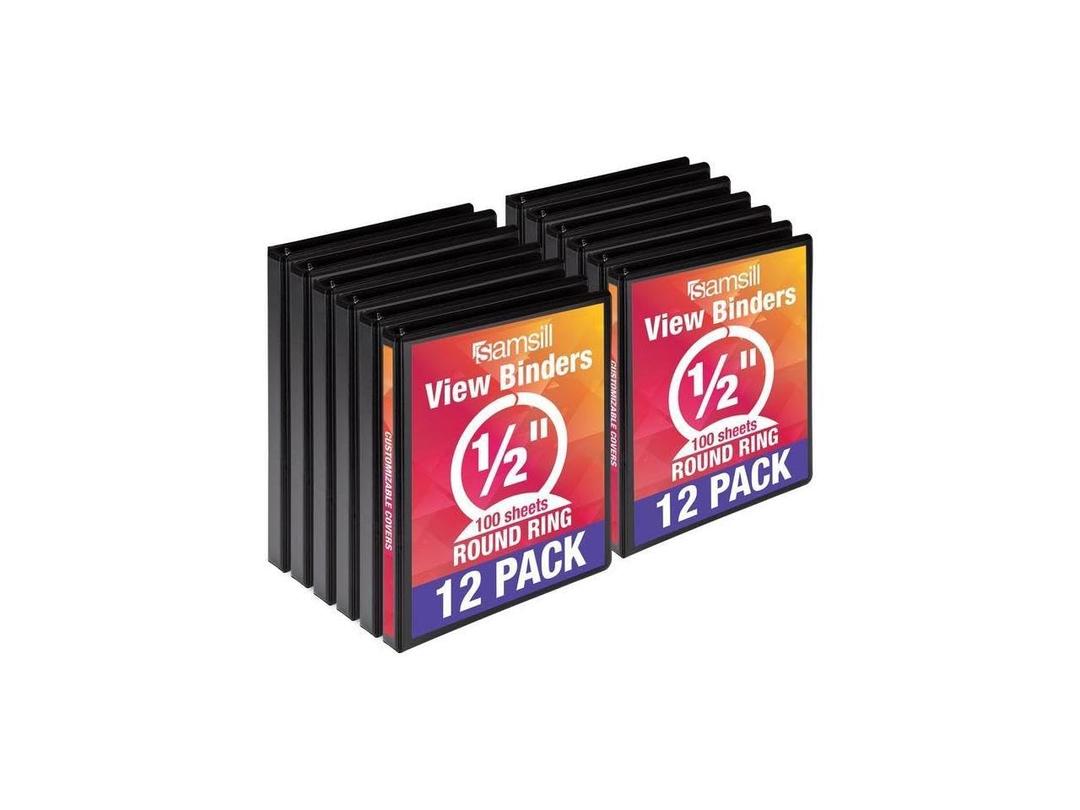 Samsill 0.5 Inch 3 Ring Binders, Economy Round Ring, Clear View Cover, 100 Sheet Capacity - for School, Home, Office - Black, 12 Pack
