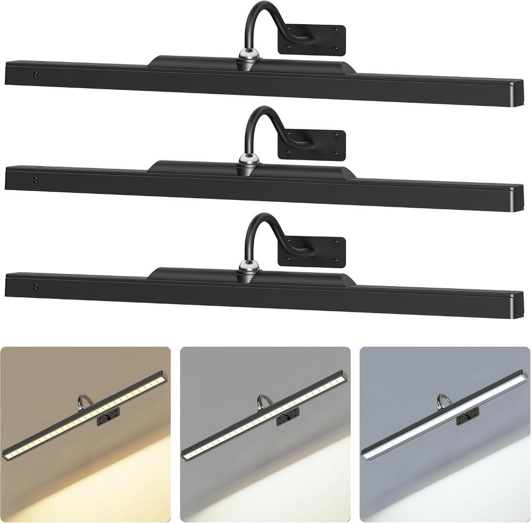 24Inch Picture Lights Battery Powered 6000mAh -3 Pack Black Wireless Remote Control Sconces for Gallery, Living Room, Museum & Large Wall Art