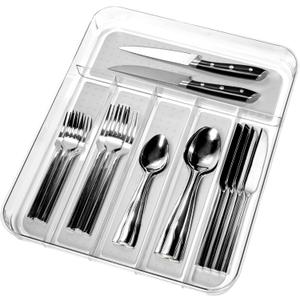 madesmart Premium Clear Silverware Tray, 6 Compartment Flatware Organizer for Forks, Knives & Spoons, Soft Grip Lining & Non Slip Base, Grey