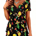 Roshop Tunics Women Button Up Henley V-Neck Loose Fit Cinco de Mayo Fiesta Print Shirt Tops L