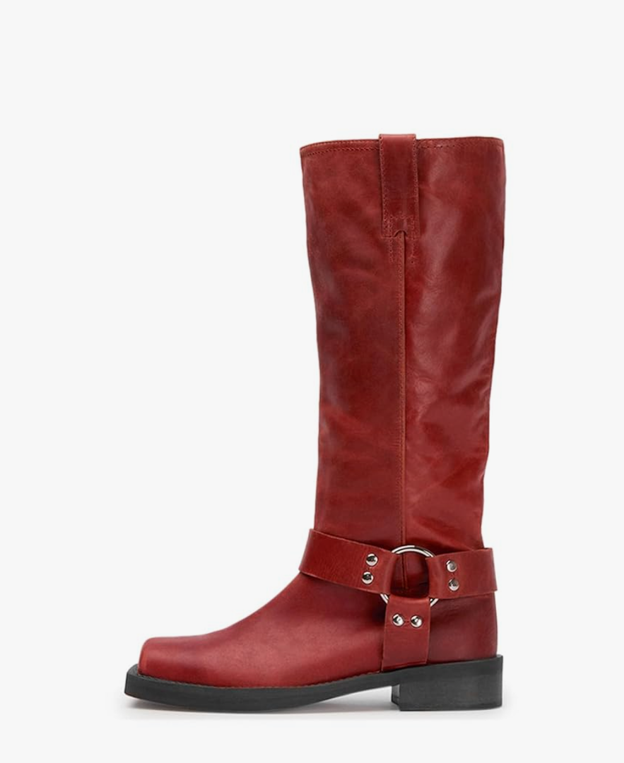 FIFSY Women's Knee High Boots Slip On Riding Boots Buckle Boots for Women Sexy Squared Toe Low Chunky High Heel Tall Motorcycle Boots Women's Low Heel 1-2" Boots Dance Party Booties, Size: 9