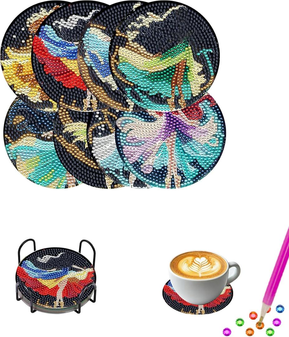 Diamond Art Coasters 8 Pack with Holder DIY Diamond Painting Coasters Crafts Diamond Art Kits for Adults Beginners Gifts for Women Man 4X4 in (Colorful girls-8pc)