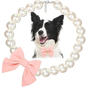 LEIFIDE Dog Pearls Collar Necklace Jewelry with Pink Bow Pendant Fancy Pearls Pet Collars Adjustable Dog Cat Necklace for Wedding Birthday Valentines Pet Grooming Party Costume Accessories(17 Inch)