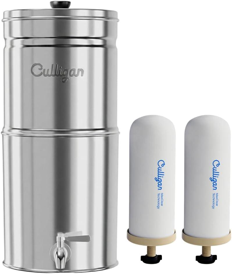 Culligan MaxClear 3 Gallon Gravity Water Filter System, Polished Stainless-Steel Countertop Water Filter NSF/ANSI Certified to Reduce Microplastics, Lead & Total PFAS, with 2 Ceramic Filters