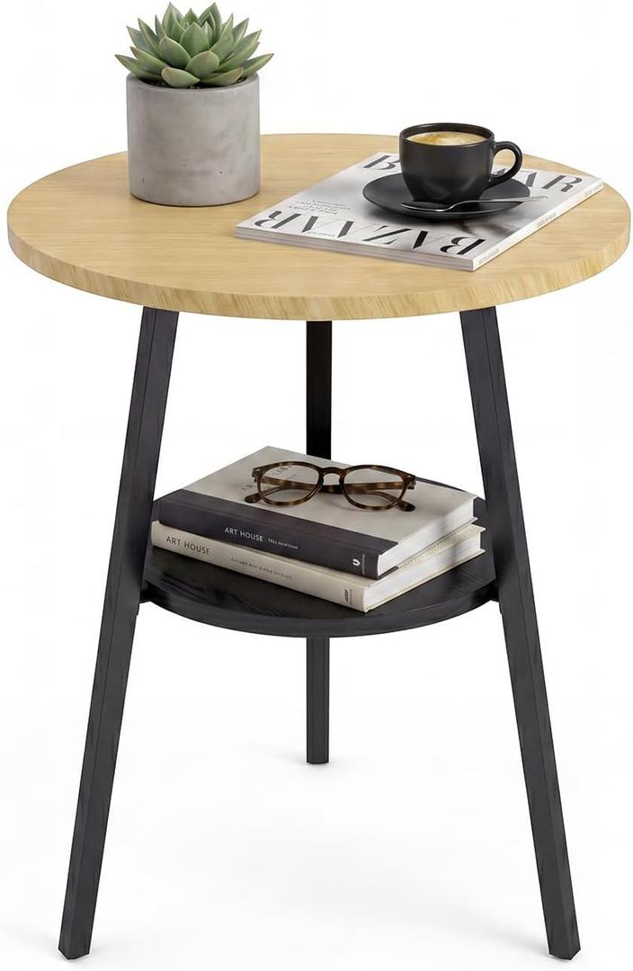Round End Table, 2-Tier Side Table with Storage Shelf for Small Spaces, Nightstand for Living Room, Bedroom, Metal Frame & Wood Top, Oak, 15.4" x 15.4" x 21.6"