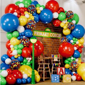 ALL-IN-1 Lego Balloon Arch Kit & Garland Red, Blue, Green Balloons in Small & Large Sizes Primary Colors for Circus, Carnival, Rainbow, Boys Birthday Party Supplies & Decorations