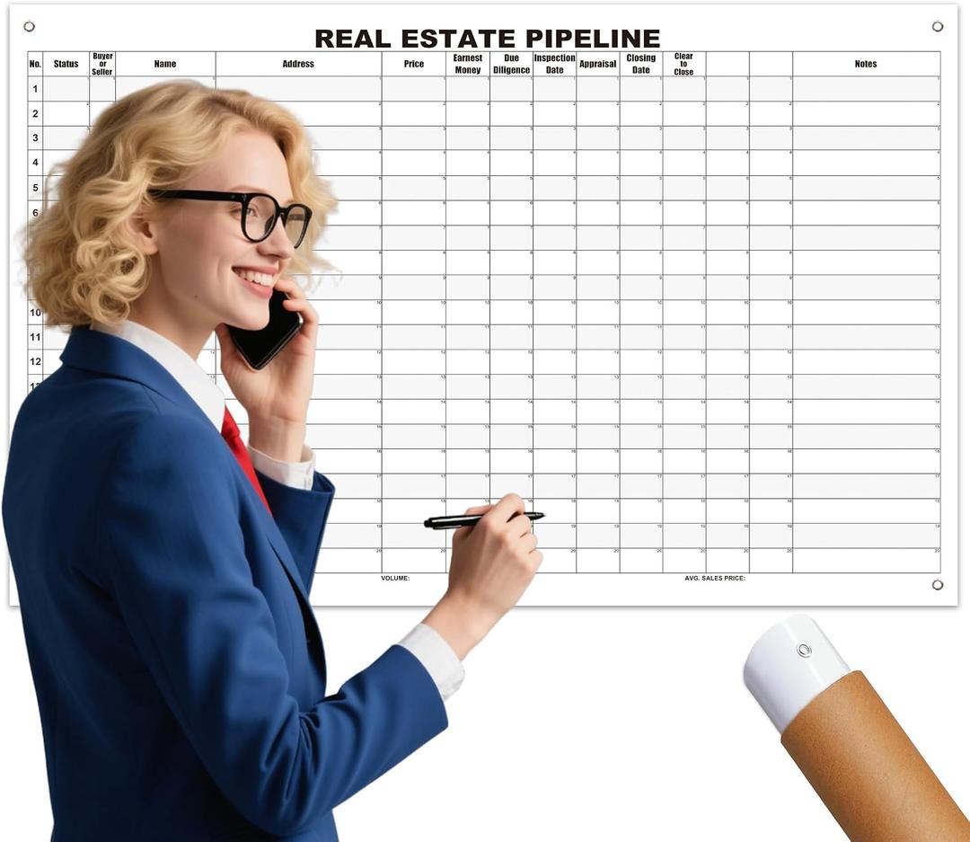 Large Dry Erase Real Estate Whiteboard Poster,36 By 24 Inch Erasable Real Estate Tracker Calendar For Tracking Transactions,Closing Goal,Real Estate Agent Pipeline White Board For Realtor Office