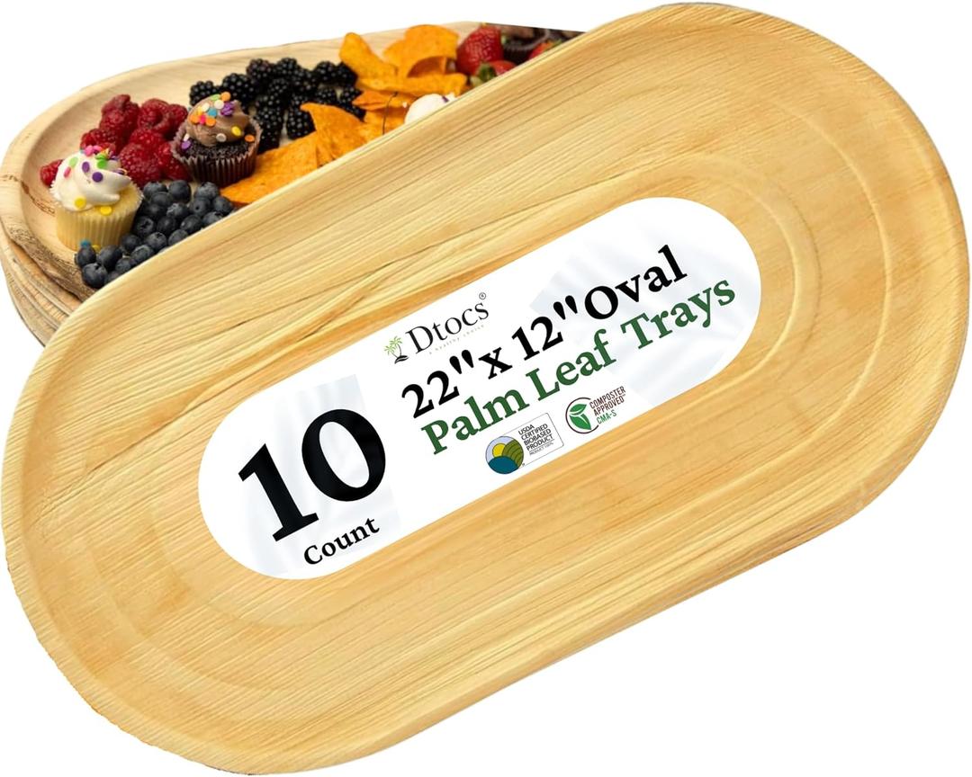 Disposable Charcuterie Boards (10) - Oval 22"x12" Palm Leaf Platters | Bamboo Disposable Serving Trays Look Sturdy, Extra Large Serving Platters Trays for Party | Catering Trays, Grazing Boards