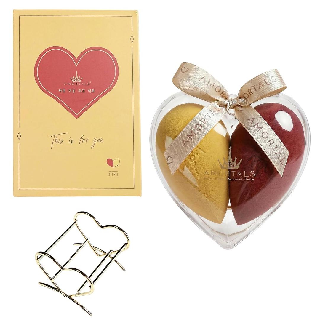 Heart Makeup Sponge Set - 2 Pcs Soft Beauty Sponges with Heart-Shaped Holder for Liquid Foundation, Cream, and Powder - Latex-Free Blending Sponge Kit for Valentine's Day Gifts for Women