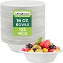 Freshware Paper Bowls - Disposable 16 oz. Soup Bowl, 125-Pack Biodegradable Sugarcane Fiber Serving Bowls - Heavy Duty Bagasse for Hot Food Plates - Microwave & Freezer Safe, Stackable Dinnerware (White)
