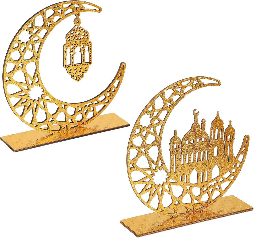 2 Pieces Wood Ramadan Decorations Islamic Eid Mubarak Kareem Table Sign Moon Hollow Star Ornament for Muslim Party Tabletop Decor Home Art Craft Decoration Golden Moon (Gold House)