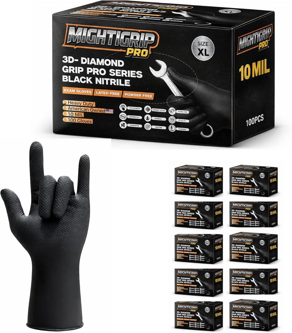 10 Mil Heavy-Duty Black Nitrile Gloves, Diamond Grip, Mechanic Grade, Latex & Powder Free, 1000 Count Bulk, L