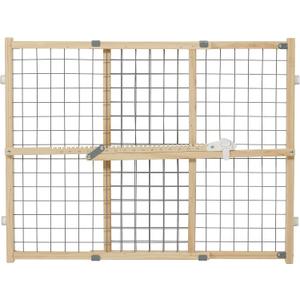 New World Wire Mesh Wood Dog Gate, Pet Gate, Does Not Damage Walls, No Tool Assembly, Features Patented Locking Arm, 24H x 27-41.5W - Inches, Natural Wood & Light Gray Mesh