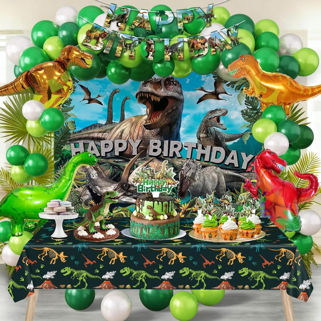 SPIGHTDEX Dinosaur Birthday Party Decorations Kit for Boys - Dino Party Supplies with Tablecloth, Banner, Backdrop, Cake Topper, Balloons & Stickers for Kids (Green)