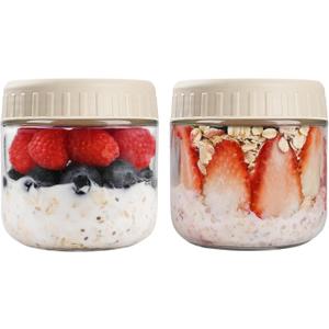 Overnight Oats Containers with Lids, 10oz Glass Jars with Lids 2 pcs, Apricot, Wide Mouth Mason jars for Salad, Yogurt, Snacks, Meal Prep (Camel)