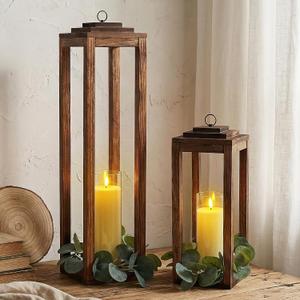 Large Wooden Farmhouse Candle Lanterns Kit, 26''/16'' Set of 2 Farmhouse Wooden Lantern with LED Candles Eucalyptus Wreath, Decor for Outdoor Indoor Home Table Floor Fireplace Porch (No Glass)
