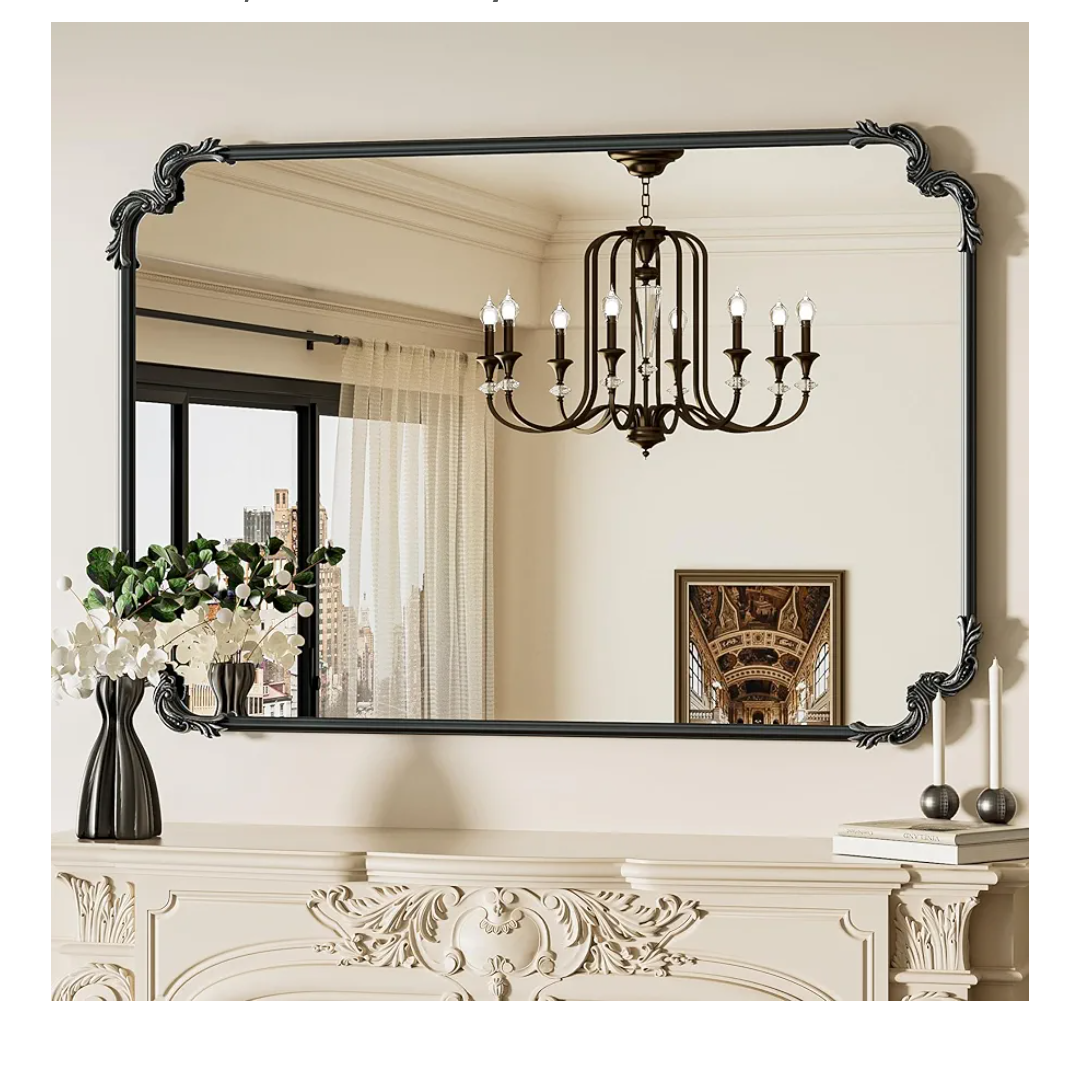 TETOTE Vintage Antique Black Rectangle Mirror for Mantle Fireplace 48 x 32 Traditional Baroque Ornate Scroll Wall Mirror with Rounded Corner Metal Frame for Living Room Bedroom, Horizontal/Vertical