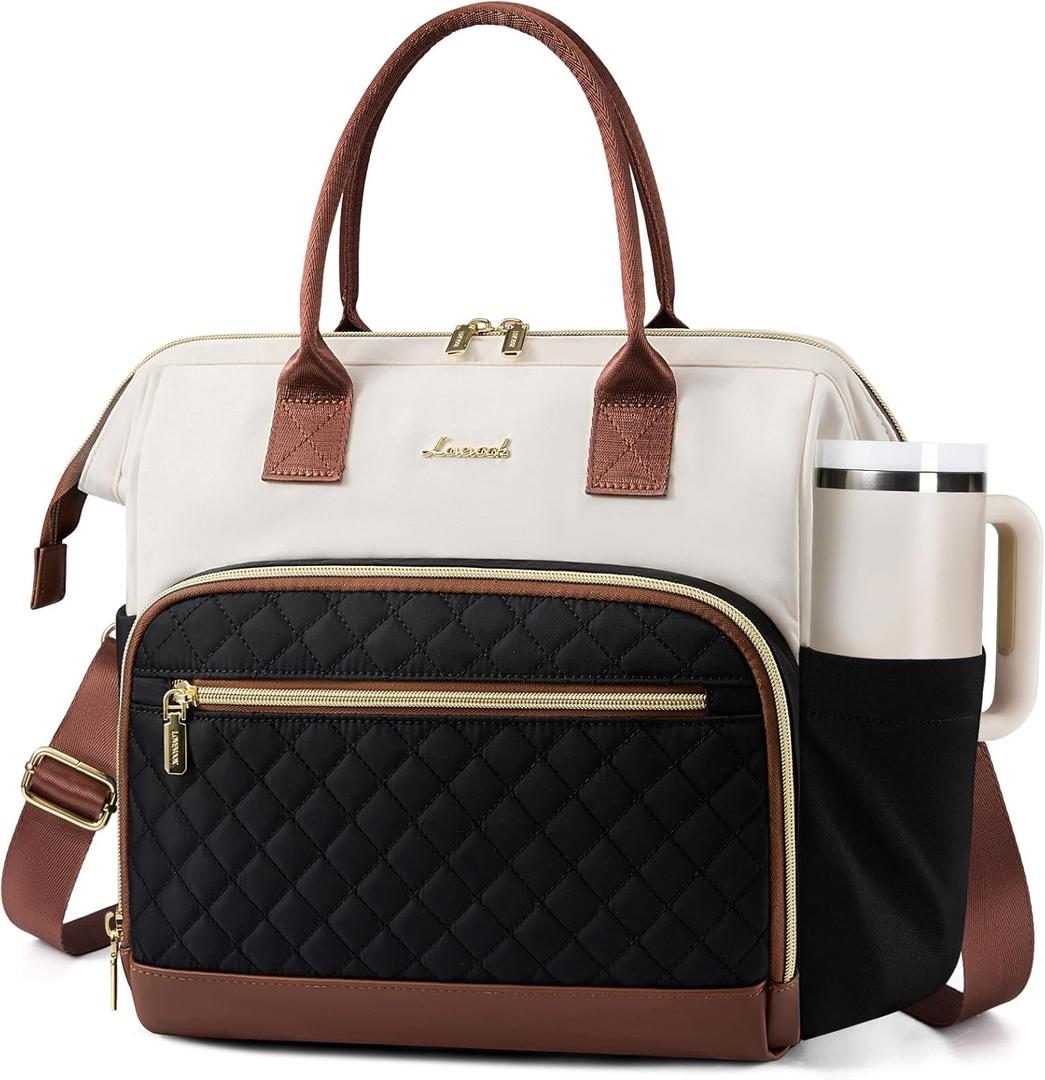 LOVEVOOK Lunch Bag Women, Insulated Adult Lunch Box for Women Work, Wide Opening Leakproof Cooler Tote Bag for Office Campus Picnic Beach with Shoulder Strap, Loncheras Para Mujer with Cup Holder (Large16L, Black-White-Brown)