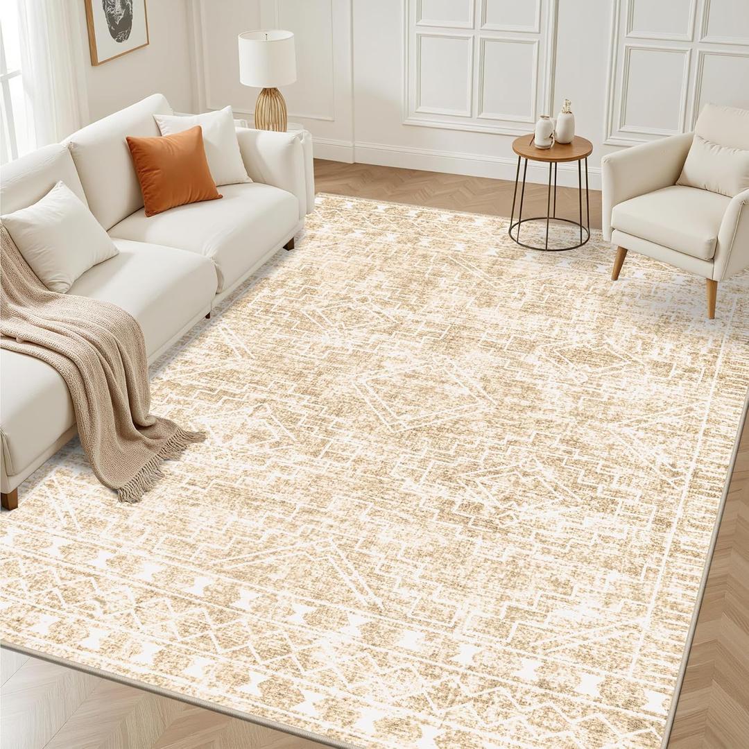 8x10 Area Rugs Living Room Rug: Washable Rug Neutral Lagre Soft Thin Carpet Indoor Floor Non Slip Boho Geometric Moroccan Carpets for Bedroom Dining Room Farmhouse Nursery Office - Beige