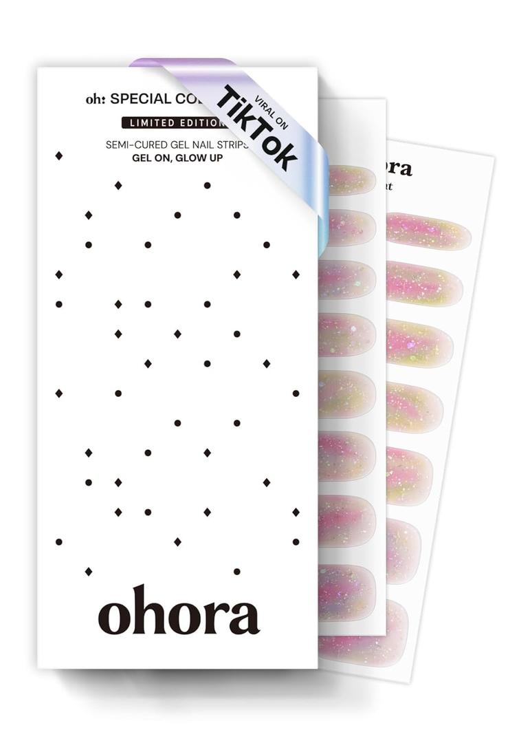 ohora Semi Cured Gel Nail Strips (N Rainbow Bomb) - Rainbow, Ombre, Works with Any UV/LED Lamps, Salon-Quality, Long Lasting, Easy to Apply & Remove - Includes 2 Prep Pads, Nail File & Wooden Stick