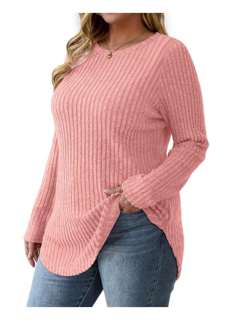 STOLKISS Women Ribbed Sweatshirt Casual Crew Neck Pullover Sweatshirt Loose Soft Long Sleeve Fall Winter Sweaters 2026 (Pink), Small