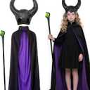Girls Dark Fairy Costume Kids Mistress Evil Witch Horns Cloak Scepter Cosplay Set for Halloween 6-14 Years