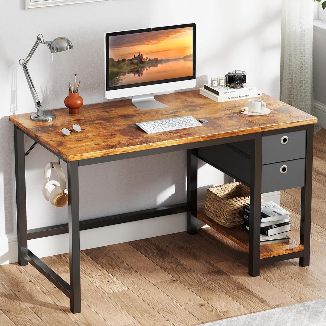 Computer Desk with Storage Drawers, Small Office Desk Modern Simple Study Writing Table for Home Bedroom, Spacious 40X24 Desktop with 2-Tier Drawer, Rust (40 Inch, Rust Brown)