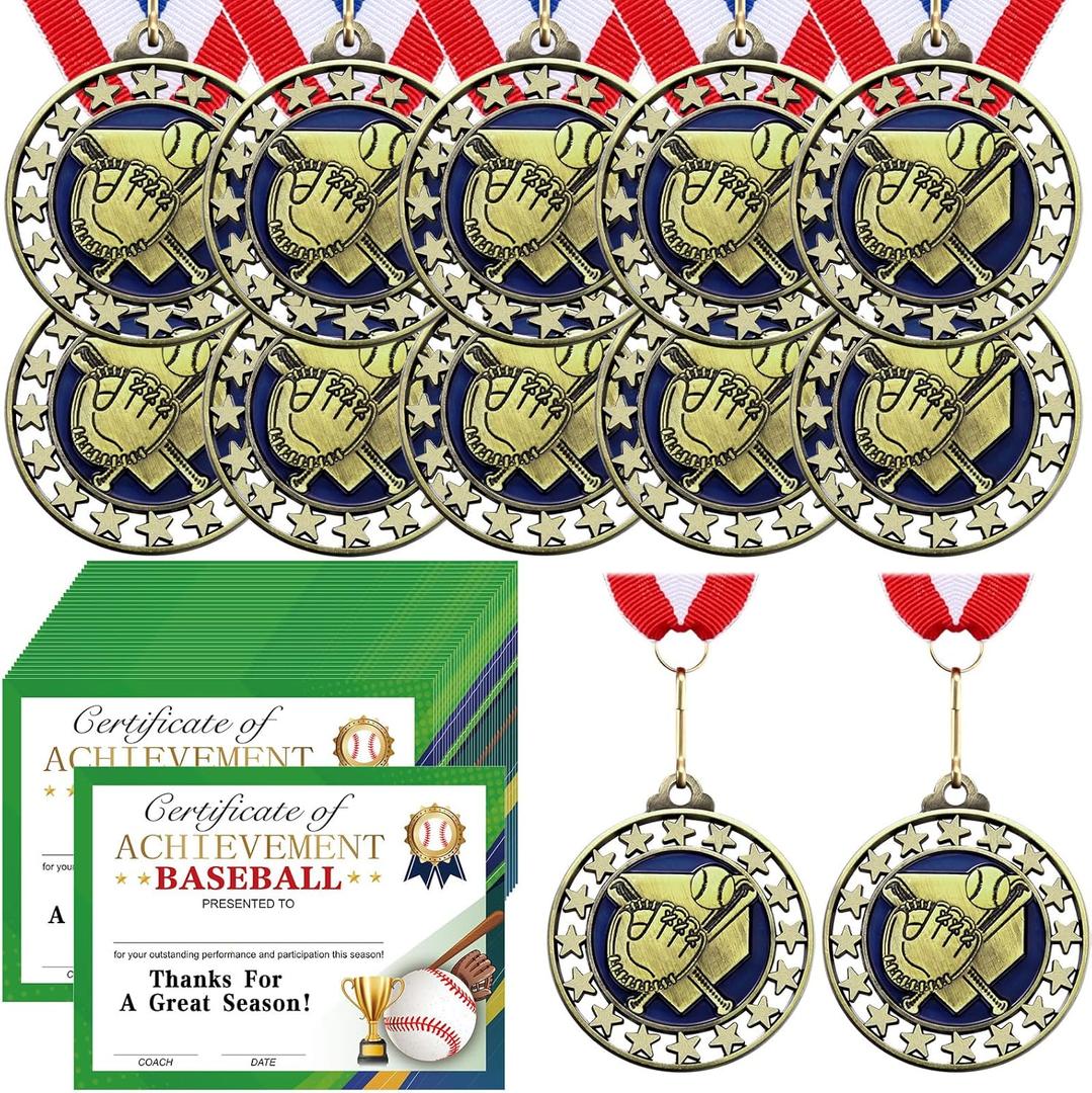 Huquary 12 Pcs Award Medals with 12 Pcs Achievement Award Certificates Team Participation Trophies with Red White Blue Striped Ribbon for Sports Party Favors Team Competitions Trophy Prize