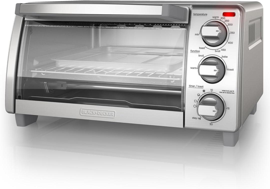 BLACK+DECKER 4-Slice Toaster Oven, TO1745SSG-1A, Even Toast, 4 Cooking Functions Bake, Broil, Toast and Keep Warm, Removable Crumb Tray, Timer