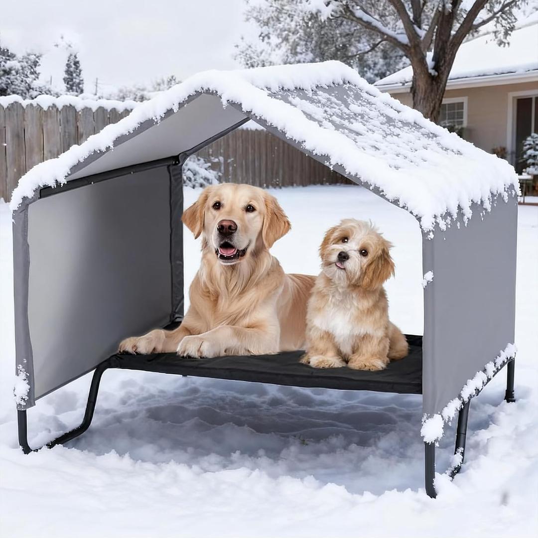 41 Outdoor Dog House for Large Breeds, Durable Large Dog Shelter with Weatherproof 1200D PVC Canopy, Outside Sun Rain Canopy Pet Houses with Elevated Dog Bed for Dogs, Small Animals, Grey