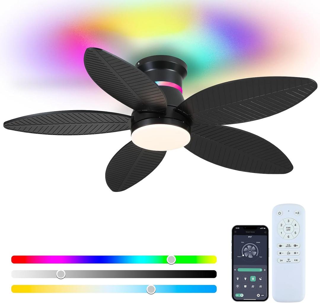 Tropical Palm Leaf RGB Ceiling Fans with Lights 46, Black Flush Mount Ceiling Fan with Light and Remote, 3CCT Dimmable LED&&Side RGB Light, Reversible 6 Speeds, Quite Low Profile Ceiling Fan Party