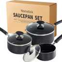 Nonstick Saucepan Set - 3-Pieces Pot Set 1 Quart & 2 Quart & 3 Quart,Ultra Non Stick Sauce Pan Small Pot with Glass Lid,Great for Home Kitchen Restaurant,Black