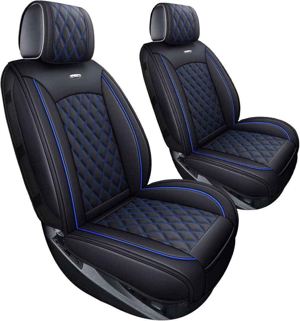 Aierxuan Chevy Silverado GMC Sierra Car Seat Covers Pickup Trail Boss Z71 Custom Fit 2007-2025 1500 2500HD 3500HD Crew Double Extended Cab Waterproof Leather Cushions (2 PCS Front, Black-Blue)