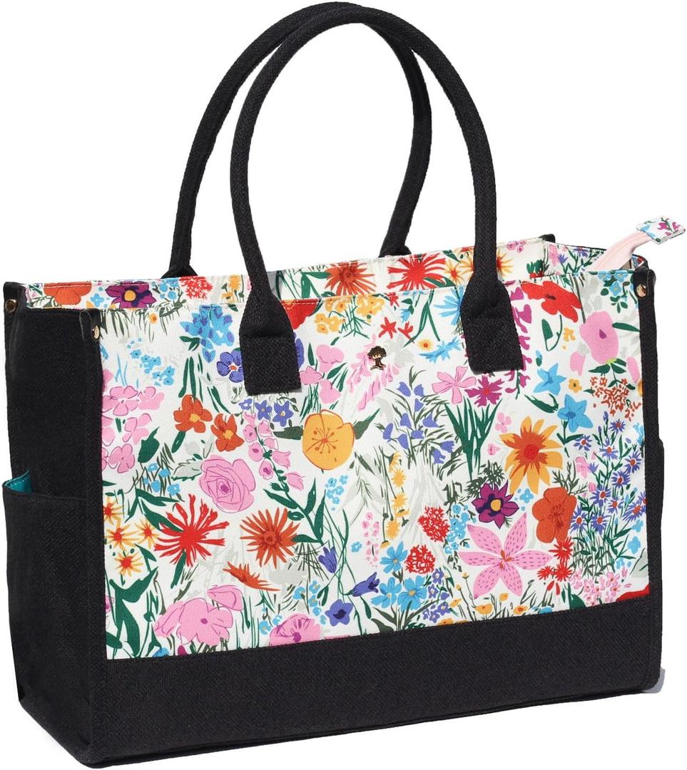 ESVAN Personalized Gifts Canvas Tote Linen Bags Handbags Top Zipper Closure Initial Retro Utility Tote (A Pink Flower)