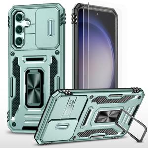 Ezanmull for Samsung Galaxy S24 FE Case with Slide Camera Cover + Screen Protector(2 Packs), Rotated Ring Kickstand Military Grade Shockproof Protective Cover for Samsung Galaxy S24 FE (Green)
