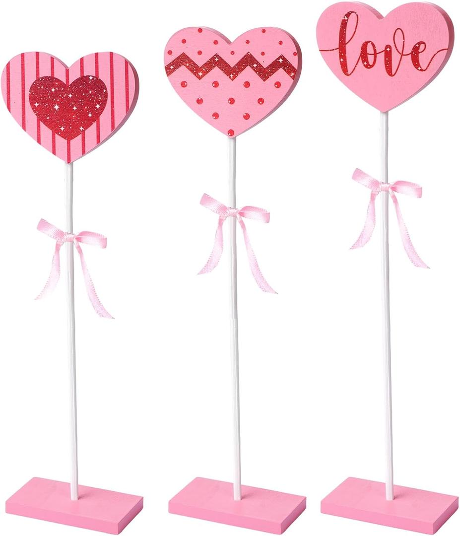 3 Pcs Valentine's Day Heart Wooden Decoration with Bow Valentines Day Heart Tiered Tray Decor Set Pink Valentines Day Decorative Signs for Wedding Party Home Tables Centerpieces Decor