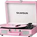 Silwisun Vinyl Record Player with Speakers Vintage Bluetooth Turntable, Battery Powered Portable Pink Vinyl Player, Retro Suitcase Phonograph, 3-Speed Lp Player RCA Out AUX in Headphone Jack (Pink Silvery)