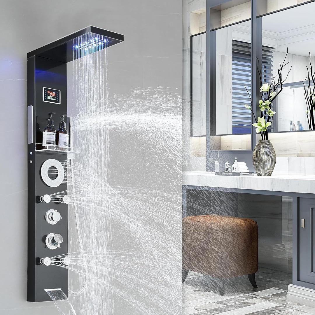 RUMOSE Matte Black Shower Panel Tower System, 5-Function Shower Faucet Set LED Light Rainfall Shower Head Digital Display with Massage Jets Tub Spout Shower Shelves, Stainless Steel, Wall Mount